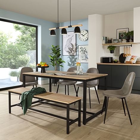 Avenue Dining Table, Bench & 2 Brooklyn Chairs, Natural Oak Effect & Black Steel, Grey Classic Velvet, 160cm