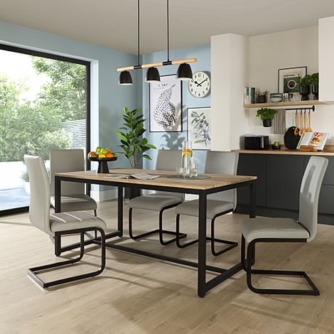 Avenue Dining Table & 6 Perth Chairs, Natural Oak Effect & Black Steel, Light Grey Classic Faux Leather, 160cm
