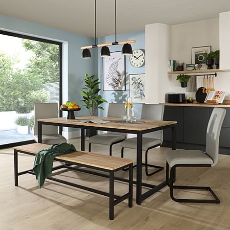 Avenue Dining Table, Bench & 2 Perth Chairs, Natural Oak Effect & Black Steel, Light Grey Classic Faux Leather, 160cm