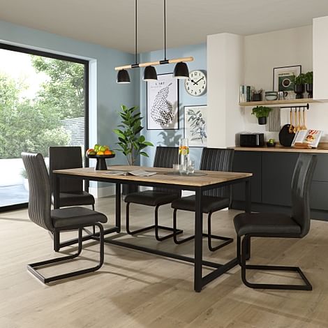 Avenue Dining Table & 4 Perth Chairs, Natural Oak Effect & Black Steel, Vintage Grey Classic Faux Leather, 160cm