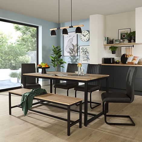 Avenue Dining Table, Bench & 4 Perth Chairs, Natural Oak Effect & Black Steel, Vintage Grey Classic Faux Leather, 160cm