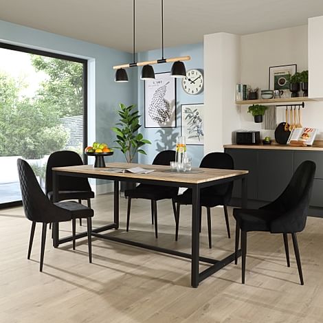 Avenue Dining Table & 4 Ricco Chairs, Natural Oak Effect & Black Steel, Black Classic Velvet, 160cm