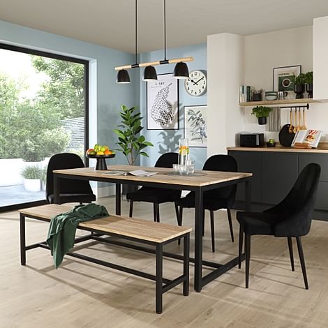 Avenue Dining Table, Bench & 2 Ricco Chairs, Natural Oak Effect & Black Steel, Black Classic Velvet, 160cm