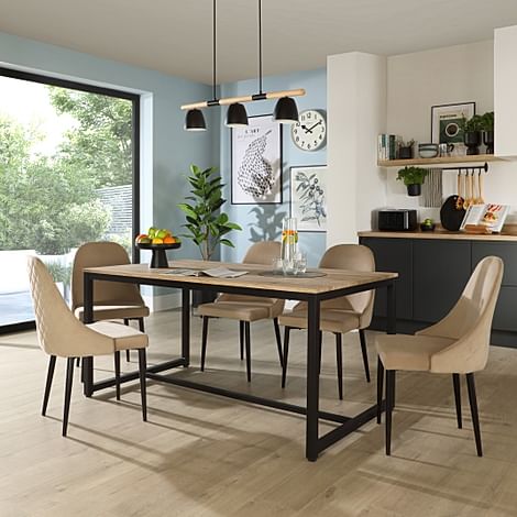 Avenue Dining Table & 4 Ricco Chairs, Natural Oak Effect & Black Steel, Champagne Classic Velvet, 160cm