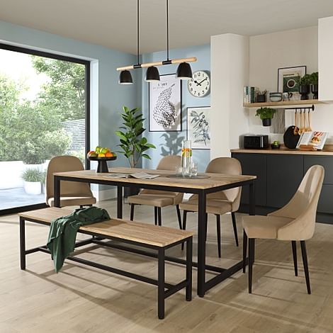Avenue Dining Table, Bench & 2 Ricco Chairs, Natural Oak Effect & Black Steel, Champagne Classic Velvet, 160cm