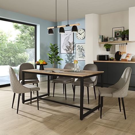 Avenue Dining Table & 4 Ricco Chairs, Natural Oak Effect & Black Steel, Grey Classic Velvet, 160cm