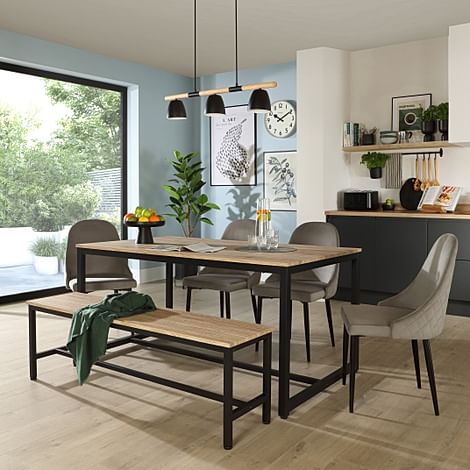 Avenue Dining Table, Bench & 2 Ricco Chairs, Natural Oak Effect & Black Steel, Grey Classic Velvet, 160cm