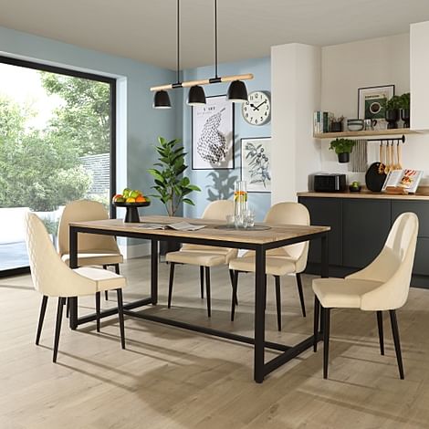 Avenue Dining Table & 6 Ricco Chairs, Natural Oak Effect & Black Steel, Ivory Classic Plush Fabric, 160cm