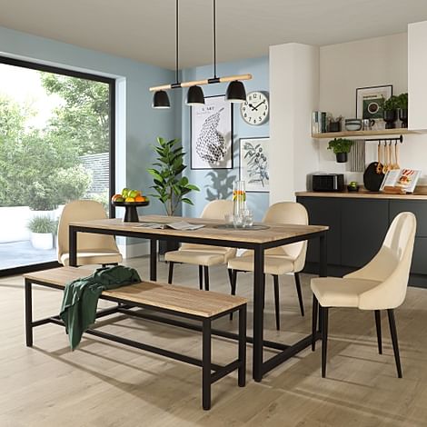 Avenue Dining Table, Bench & 2 Ricco Chairs, Natural Oak Effect & Black Steel, Ivory Classic Plush Fabric, 160cm