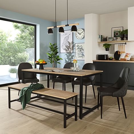 Avenue Dining Table, Bench & 2 Ricco Chairs, Natural Oak Effect & Black Steel, Vintage Grey Premium Faux Leather, 160cm