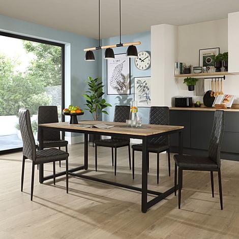 Avenue Dining Table & 4 Renzo Chairs, Natural Oak Effect & Black Steel, Vintage Grey Classic Faux Leather, 160cm