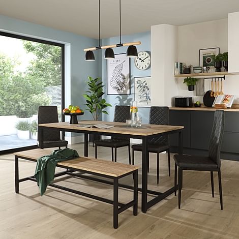 Avenue Dining Table, Bench & 2 Renzo Chairs, Natural Oak Effect & Black Steel, Vintage Grey Classic Faux Leather, 160cm