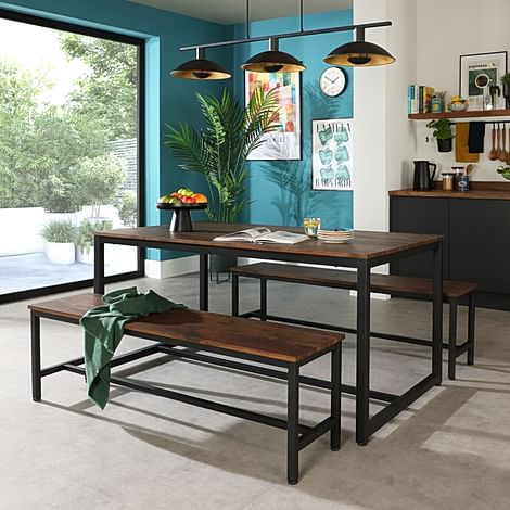 Avenue Industrial Dining Table & 2 Benches, Walnut Effect & Black Steel, 160cm