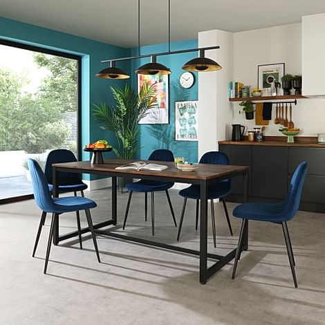 Avenue Industrial Dining Table & 4 Brooklyn Chairs, Walnut Effect & Black Steel, Blue Classic Velvet, 160cm