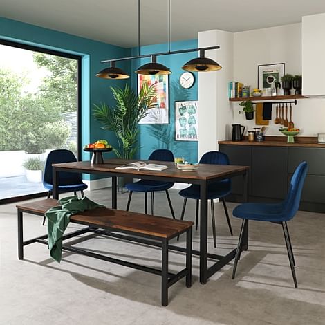 Avenue Industrial Dining Table, Bench & 2 Brooklyn Chairs, Walnut Effect & Black Steel, Blue Classic Velvet, 160cm