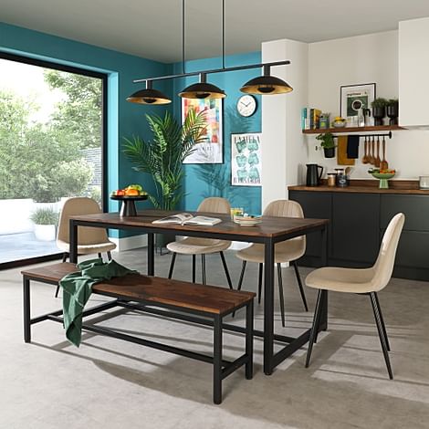 Avenue Industrial Dining Table, Bench & 2 Brooklyn Chairs, Walnut Effect & Black Steel, Champagne Classic Velvet, 160cm