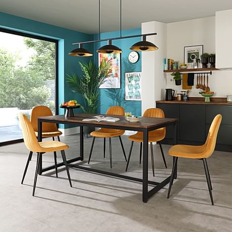 Avenue Industrial Dining Table & 4 Brooklyn Chairs, Walnut Effect & Black Steel, Mustard Classic Velvet, 160cm