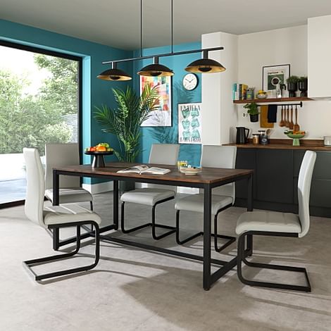 Avenue Industrial Dining Table & 4 Perth Chairs, Walnut Effect & Black Steel, Light Grey Classic Faux Leather, 160cm