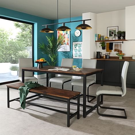 Avenue Industrial Dining Table, Bench & 2 Perth Chairs, Walnut Effect & Black Steel, Light Grey Classic Faux Leather, 160cm