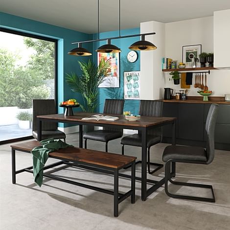 Avenue Industrial Dining Table, Bench & 2 Perth Chairs, Walnut Effect & Black Steel, Vintage Grey Classic Faux Leather, 160cm
