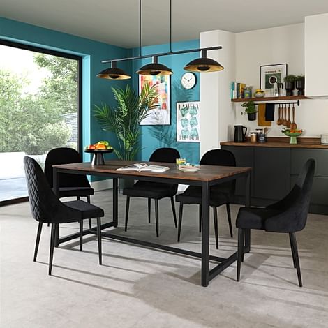 Avenue Industrial Dining Table & 4 Ricco Chairs, Walnut Effect & Black Steel, Black Classic Velvet, 160cm