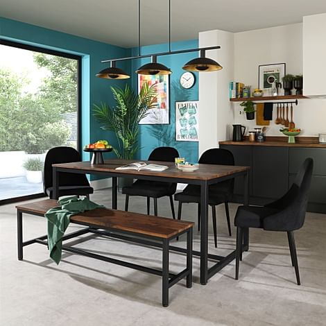 Avenue Industrial Dining Table, Bench & 2 Ricco Chairs, Walnut Effect & Black Steel, Black Classic Velvet, 160cm