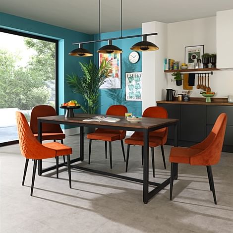 Avenue Industrial Dining Table & 4 Ricco Chairs, Walnut Effect & Black Steel, Burnt Orange Classic Velvet, 160cm