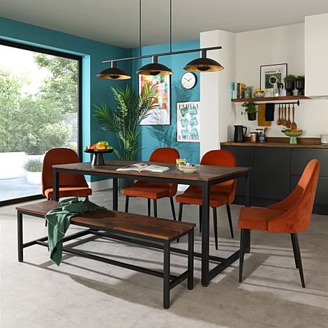 Avenue Industrial Dining Table, Bench & 2 Ricco Chairs, Walnut Effect & Black Steel, Burnt Orange Classic Velvet, 160cm