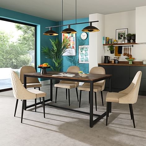 Avenue Industrial Dining Table & 4 Ricco Chairs, Walnut Effect & Black Steel, Champagne Classic Velvet, 160cm