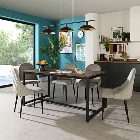 Avenue Industrial Dining Table & 6 Ricco Chairs, Walnut Effect & Black Steel, Grey Classic Velvet, 160cm