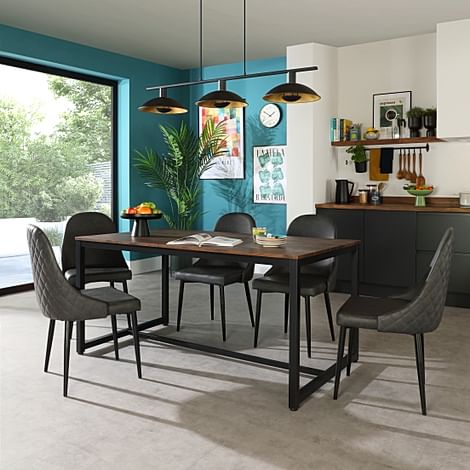 Avenue Industrial Dining Table & 4 Ricco Chairs, Walnut Effect & Black Steel, Vintage Grey Premium Faux Leather, 160cm