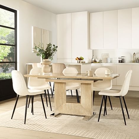 Florence Extending Dining Table & 4 Brooklyn Chairs, Travertine Stone Effect, Ivory Boucle Fabric & Black Steel, 120-160cm