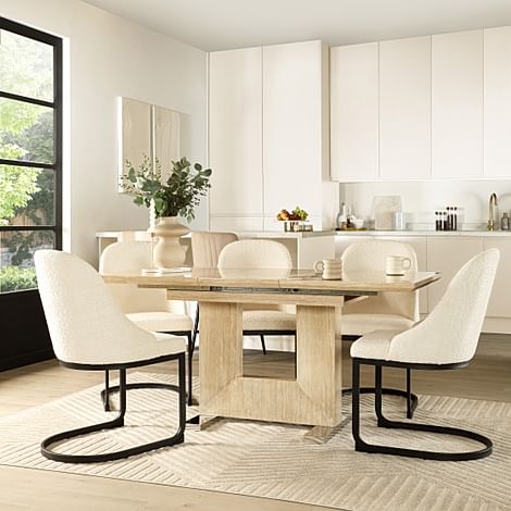 Florence Extending Dining Table & 4 Riva Chairs, Travertine Stone Effect, Ivory Boucle Fabric & Black Steel, 120-160cm