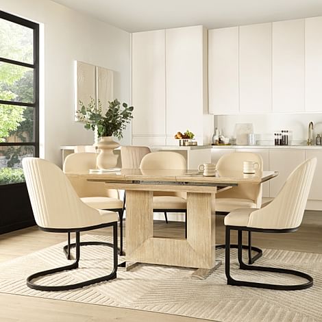 Florence Extending Dining Table & 4 Riva Chairs, Travertine Stone Effect, Ivory Classic Plush Fabric & Black Steel, 120-160cm