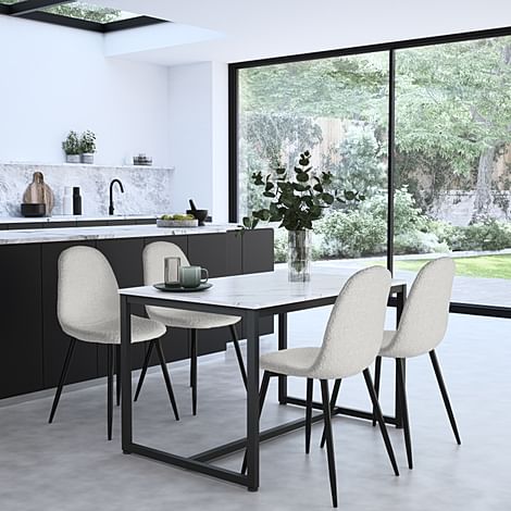 Avenue Dining Table & 4 Brooklyn Chairs, White Marble Effect & Black Steel, Light Grey Boucle Fabric, 120cm