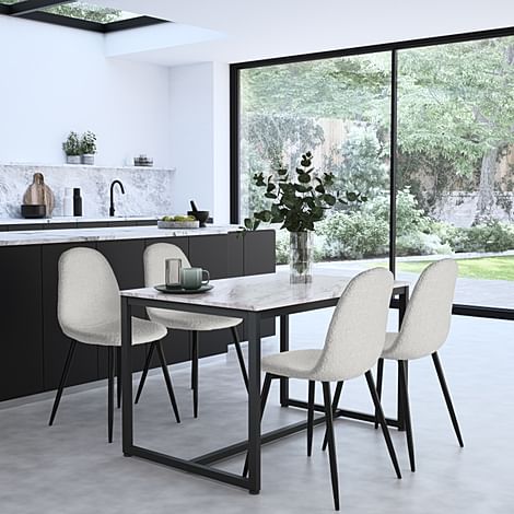 Avenue Dining Table & 4 Brooklyn Chairs, Grey Marble Effect & Black Steel, Light Grey Boucle Fabric, 120cm
