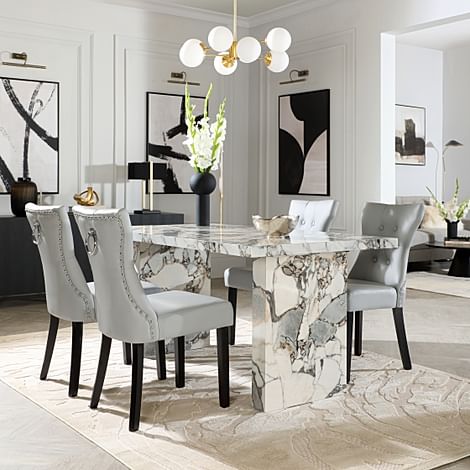 Caserta Dining Table & 4 Kensington Dining Chairs, Calacatta Viola Marble Effect, Light Grey Premium Faux Leather & Black Solid Hardwood, 160cm