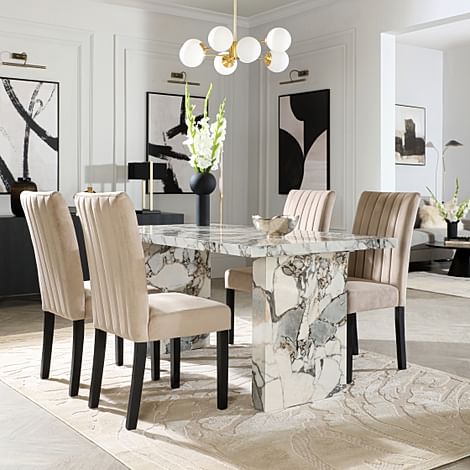 Caserta Dining Table & 4 Salisbury Dining Chairs, Calacatta Viola Marble Effect, Champagne Classic Velvet & Black Solid Hardwood, 160cm