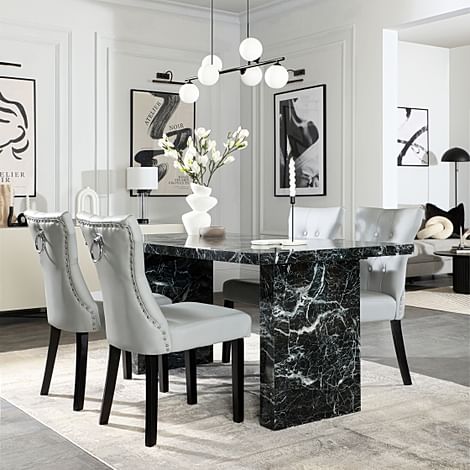 Caserta Dining Table & 4 Kensington Dining Chairs, Black Marble Effect, Light Grey Premium Faux Leather & Black Solid Hardwood, 160cm