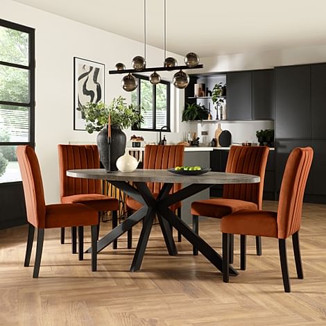 Madison Oval Industrial Dining Table & 4 Salisbury Chairs, Grey Concrete Effect & Black Steel, Burnt Orange Classic Velvet & Black Solid Hardwood, 180cm