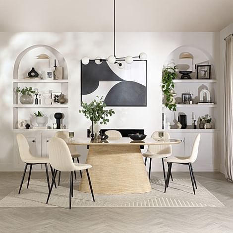 Accorto Oval Dining Table & 6 Brooklyn Chairs, Travertine Stone Effect, Ivory Classic Plush Fabric & Black Steel, 200cm