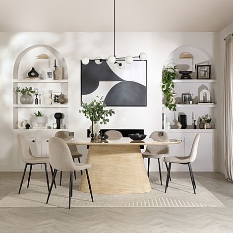 Accorto Oval Dining Table & 6 Brooklyn Chairs, Travertine Stone Effect, Champagne Classic Velvet & Black Steel, 200cm