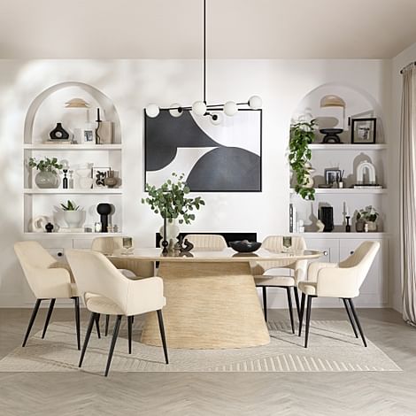 Accorto Oval Dining Table & 6 Clara Chairs, Travertine Stone Effect, Ivory Classic Plush Fabric & Black Steel, 200cm