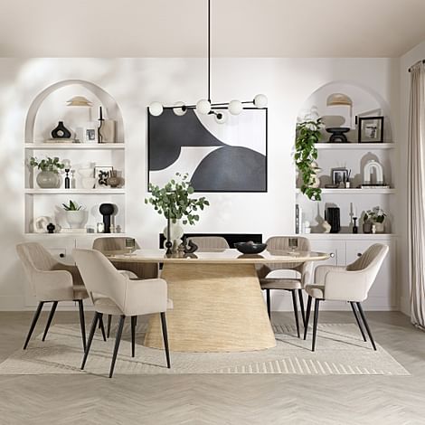 Accorto Oval Dining Table & 4 Clara Chairs, Travertine Stone Effect, Champagne Classic Velvet & Black Steel, 120cm