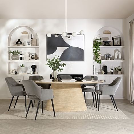 Accorto Oval Dining Table & 4 Clara Chairs, Travertine Stone Effect, Grey Classic Velvet & Black Steel, 120cm
