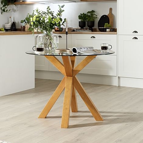 Hatton Round Dining Table, 100cm, Glass & Natural Oak Finished Solid Hardwood