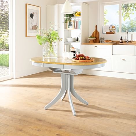 Hudson Round Extending Dining Table, 90-120cm, Natural Oak Finish & Grey Solid Hardwood