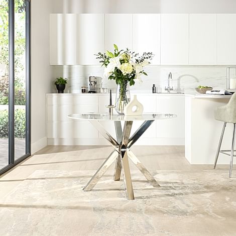 Plaza Round Dining Table, 110cm, White Marble Effect & Chrome