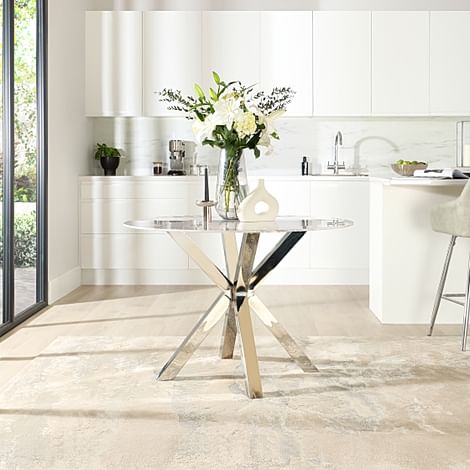 Plaza Round Dining Table, 110cm, Grey Marble Effect & Chrome