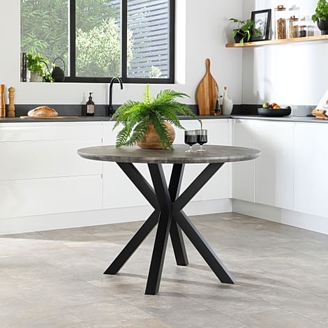 Newark Round Industrial Dining Table, 110cm, Grey Concrete Effect & Black Steel